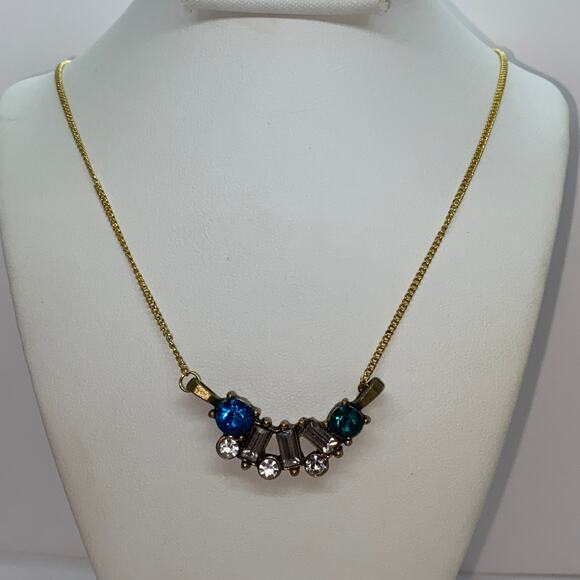 Gold-Tone Blue Green Rhinestone Necklace - Picture 1 of 6